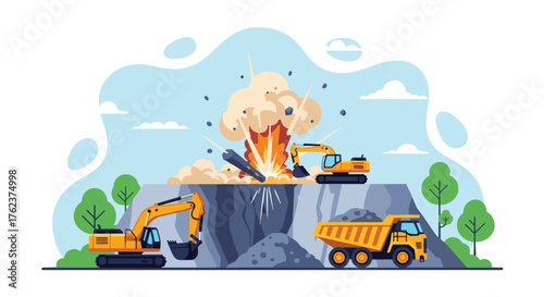 Flat vector of quarry blasting operation with controlled explosion, mining power and industrial process theme