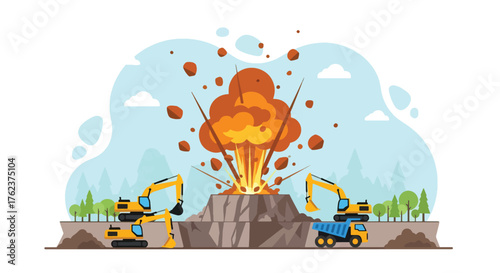 Flat vector of quarry blasting operation with controlled explosion, mining power and industrial process theme