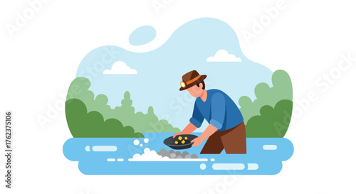 Flat vector of traditional gold miner panning for nuggets in river stream, historical mining process scene