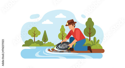 Flat vector of traditional gold miner panning for nuggets in river stream, historical mining process scene