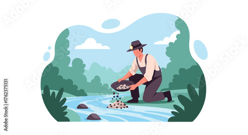 Flat vector of traditional gold miner panning for nuggets in river stream, historical mining process scene
