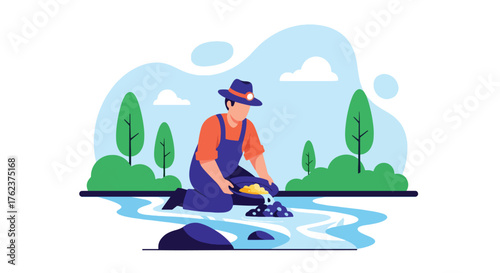 Flat vector of traditional gold miner panning for nuggets in river stream, historical mining process scene
