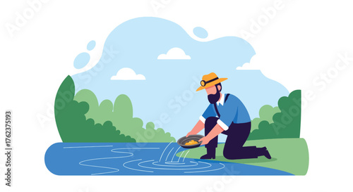 Flat vector of traditional gold miner panning for nuggets in river stream, historical mining process scene