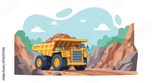 Flat vector of large mining dump truck hauling materials through rocky open-pit site, industrial transport scene