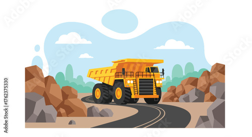 Flat vector of large mining dump truck hauling materials through rocky open-pit site, industrial transport scene