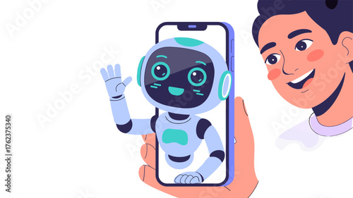 Man interacting with a friendly chatbot on a mobile phone, representing the future of technology and human-machine interaction.