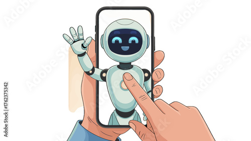 A friendly robot interacting with a phone.