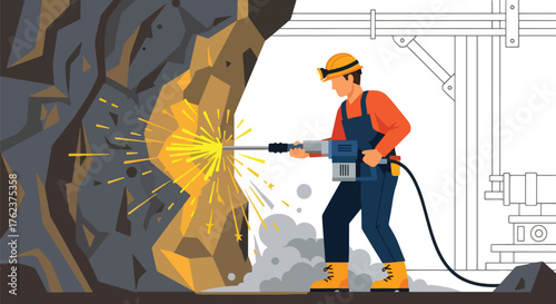 Flat vector of miner operating pneumatic drill on rock wall underground, hard work and industrial energy concept