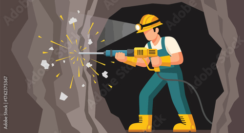 Flat vector of miner operating pneumatic drill on rock wall underground, hard work and industrial energy concept