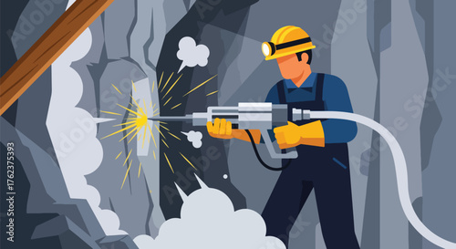 Flat vector of miner operating pneumatic drill on rock wall underground, hard work and industrial energy concept