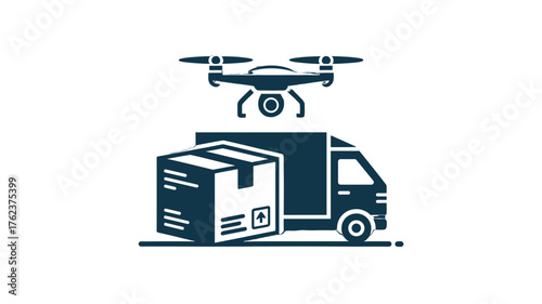 Innovative drone delivery service over a delivery truck and package.