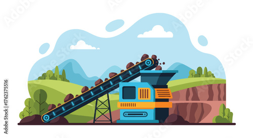 Flat vector of conveyor belt feeding rocks into crusher machine at mine site, industrial production process scene