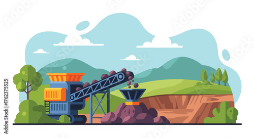 Flat vector of conveyor belt feeding rocks into crusher machine at mine site, industrial production process scene