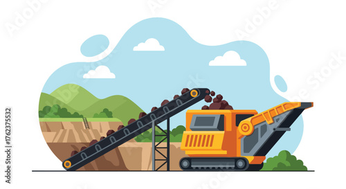Flat vector of conveyor belt feeding rocks into crusher machine at mine site, industrial production process scene