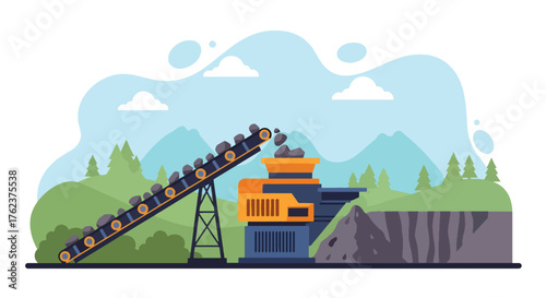 Flat vector of conveyor belt feeding rocks into crusher machine at mine site, industrial production process scene