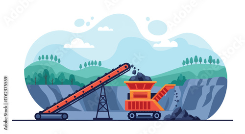 Flat vector of conveyor belt feeding rocks into crusher machine at mine site, industrial production process scene
