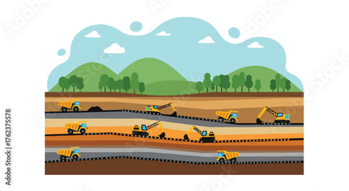 Flat vector of open-pit mining cross-section with trucks and soil layers, educational geology and extraction theme