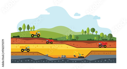 Flat vector of open-pit mining cross-section with trucks and soil layers, educational geology and extraction theme