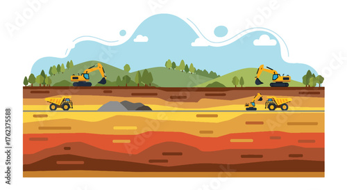 Flat vector of open-pit mining cross-section with trucks and soil layers, educational geology and extraction theme