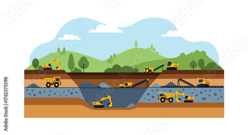 Flat vector of open-pit mining cross-section with trucks and soil layers, educational geology and extraction theme