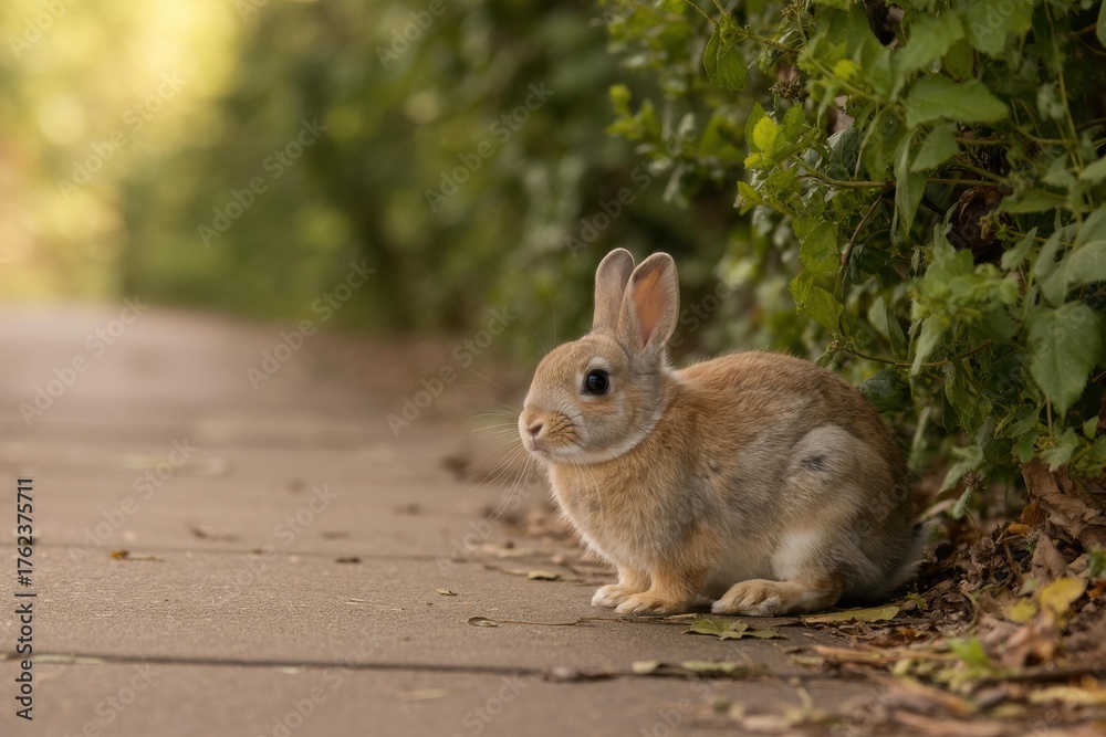 Fototapeta premium Baby brown rabbit on sidewalk, side profile, golden bokeh — Easter card