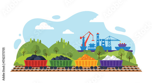 Flat vector of train transporting mined materials from quarry to port, industrial logistics and export theme