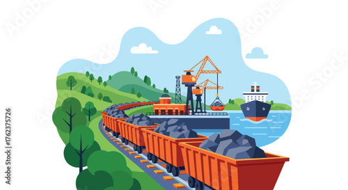 Flat vector of train transporting mined materials from quarry to port, industrial logistics and export theme