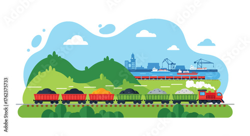 Flat vector of train transporting mined materials from quarry to port, industrial logistics and export theme