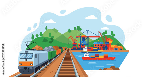 Flat vector of train transporting mined materials from quarry to port, industrial logistics and export theme