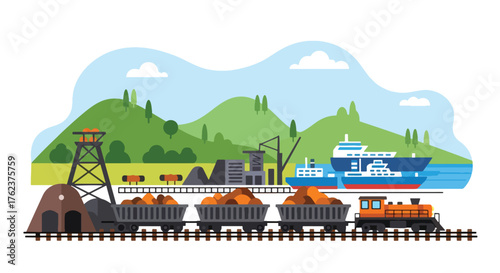Flat vector of train transporting mined materials from quarry to port, industrial logistics and export theme