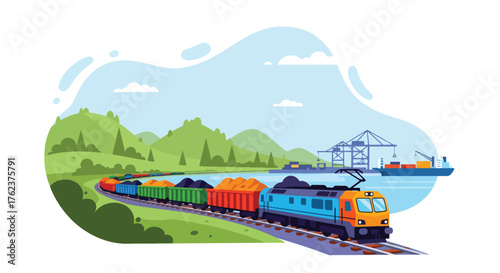 Flat vector of train transporting mined materials from quarry to port, industrial logistics and export theme