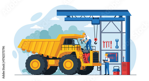Flat vector of engineers repairing mining truck inside maintenance workshop, teamwork and safety operation scene