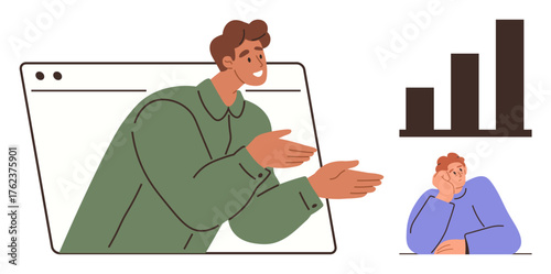A man enthusiastically presenting from a browser window to a disinterested listener, accompanied by a bar graph. Ideal for communication, teamwork, remote work, online learning, productivity