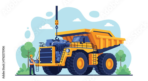 Flat vector of engineers repairing mining truck inside maintenance workshop, teamwork and safety operation scene