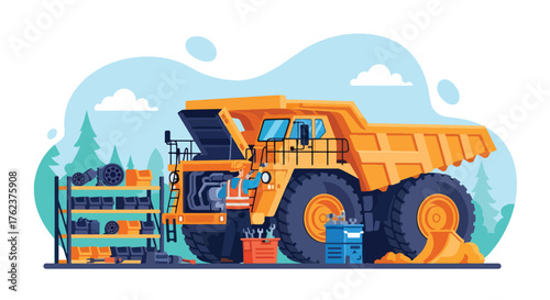 Flat vector of engineers repairing mining truck inside maintenance workshop, teamwork and safety operation scene
