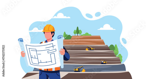 Flat vector of engineer holding mining blueprint at open-pit site, industry planning and project management theme