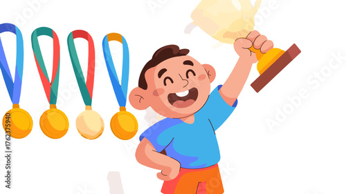 A happy boy triumphantly raising a golden trophy beside displayed medals.
