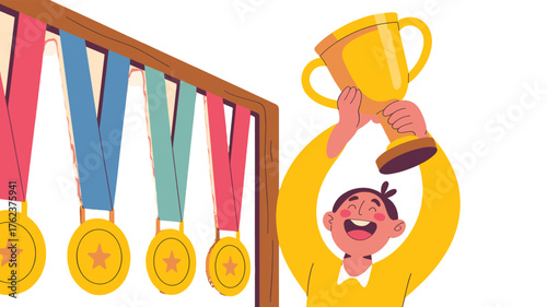 A vibrant illustration of someone holding a trophy, alongside hanging medals.