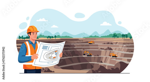 Flat vector of engineer holding mining blueprint at open-pit site, industry planning and project management theme