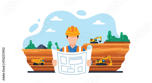 Flat vector of engineer holding mining blueprint at open-pit site, industry planning and project management theme