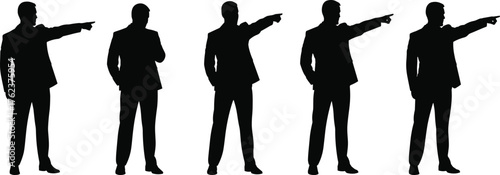 Businessman, silhouette, suit and tie, pointing gesture, thinking pose, black figure, motion, posture, concept, illustration, profile, standing, expression, individuality, conformity, sequence
