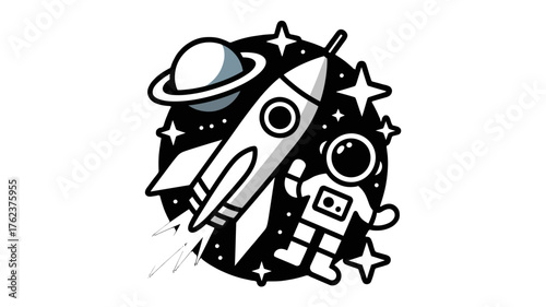 An illustration of a rocket ship with astronaut and planet in space.