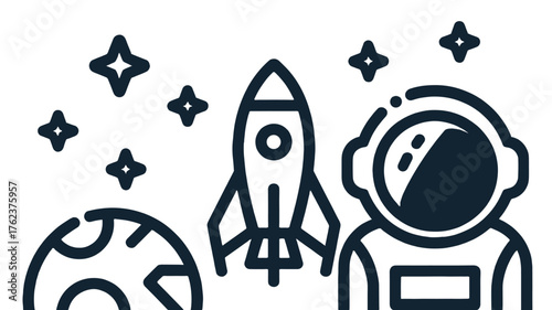 A journey into space featuring astronaut, planet, rocket ship and stars.
