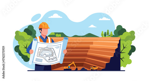Flat vector of engineer holding mining blueprint at open-pit site, industry planning and project management theme