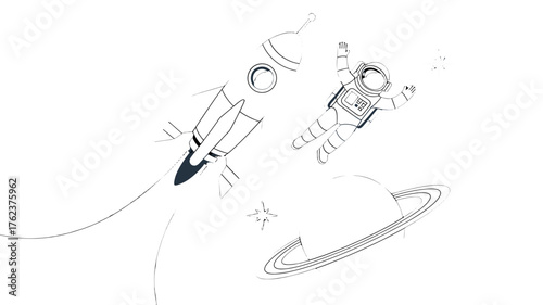 An astronaut floats freely in space, next to a spaceship.