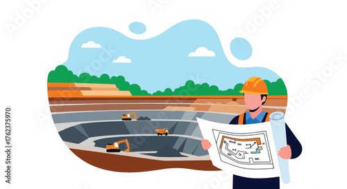 Flat vector of engineer holding mining blueprint at open-pit site, industry planning and project management theme
