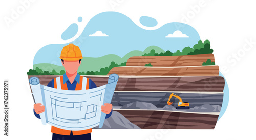 Flat vector of engineer holding mining blueprint at open-pit site, industry planning and project management theme