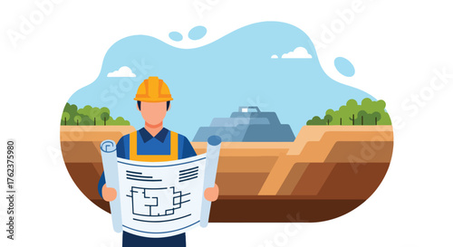 Flat vector of engineer holding mining blueprint at open-pit site, industry planning and project management theme