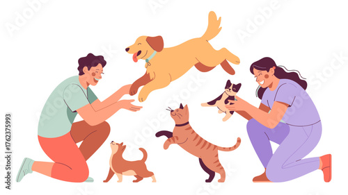 People playing with pets and enjoying their leisure time.