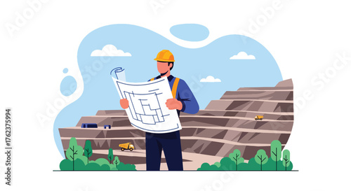 Flat vector of engineer holding mining blueprint at open-pit site, industry planning and project management theme
